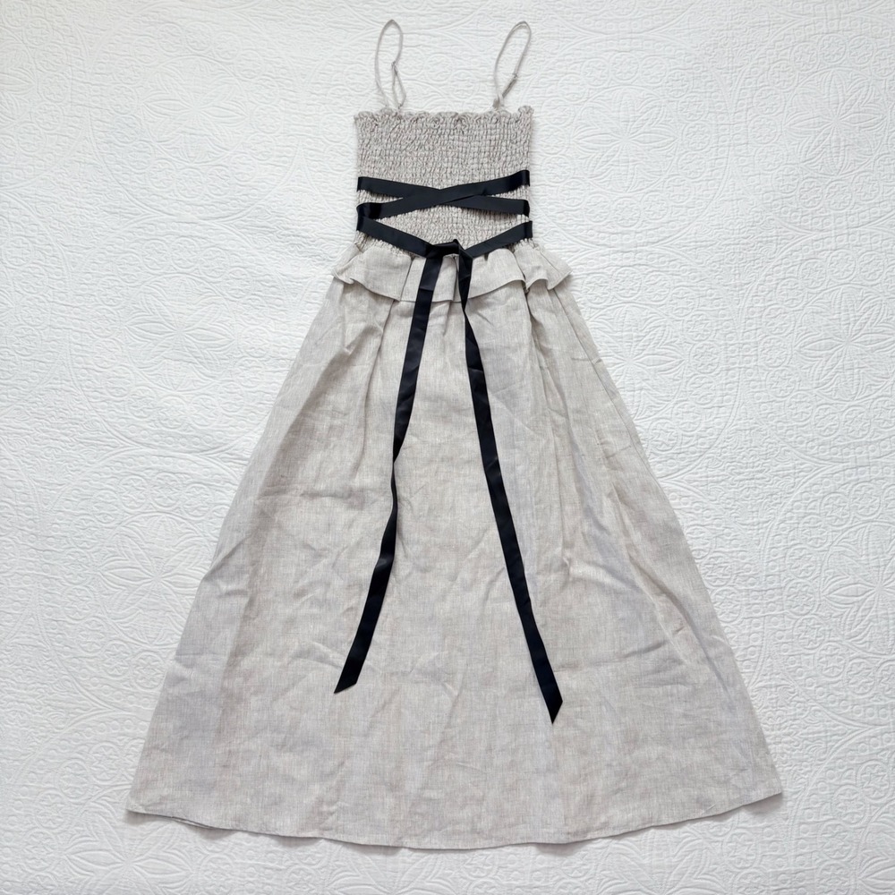 Reformation Miles Smocked Linen Midi Dress, Oatmeal - Picture 2 of 6